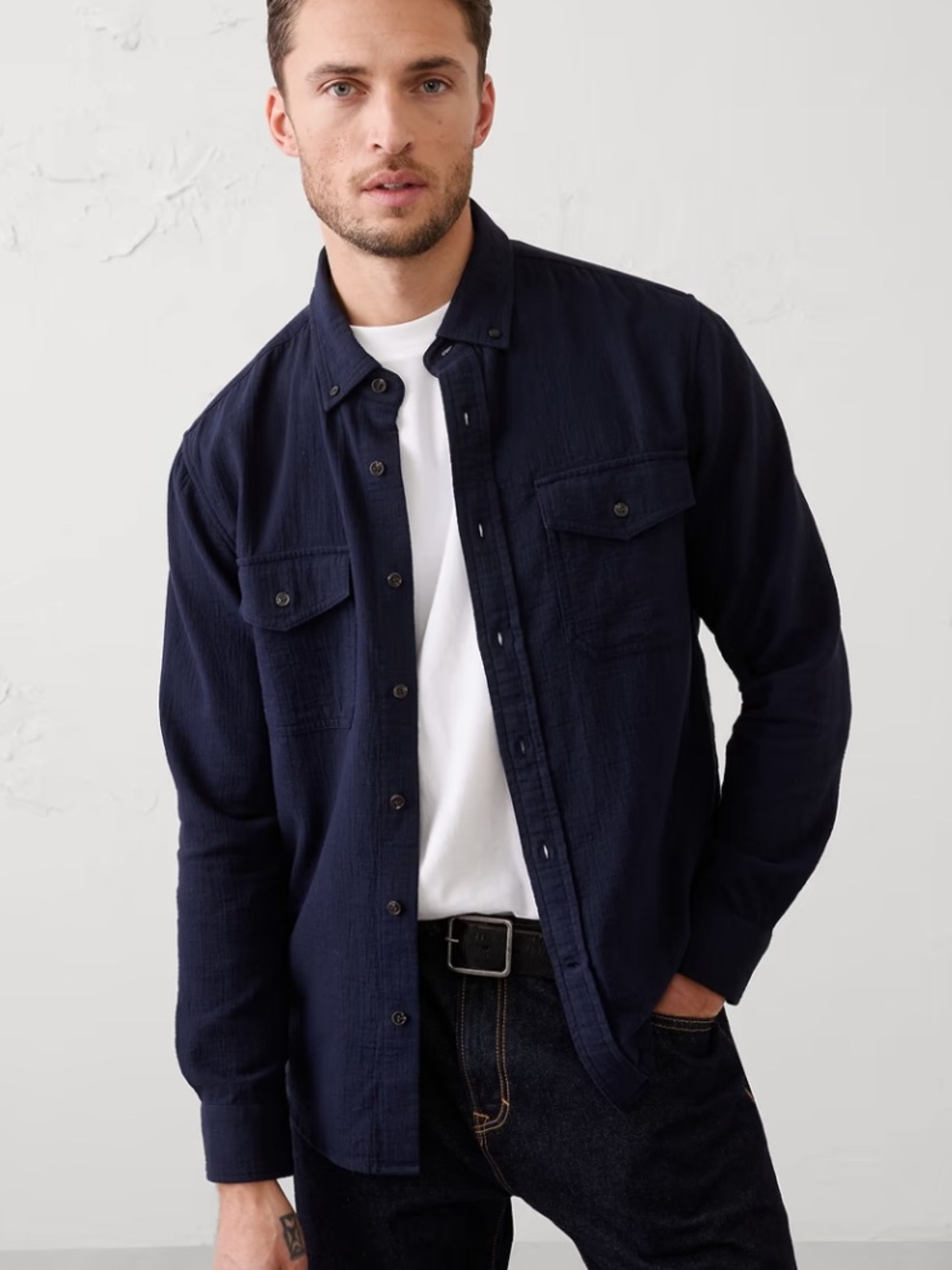 Banana Republic Navy Lightweight Double-Weave Shirt Jacket
